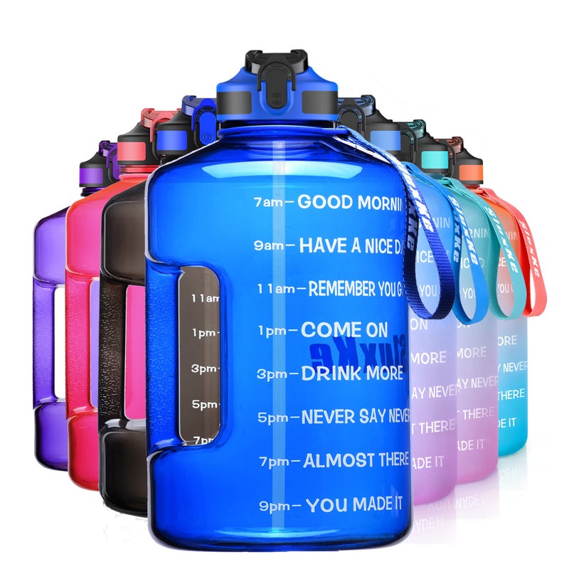 SLUXKE Gallon Water Bottle Jug with Time Marker BPA Free, 128oz Big Water Bottle with Handle and Straw Leak Proof, One Click Open Huge Sports Water Bottle Blue - Image 1
